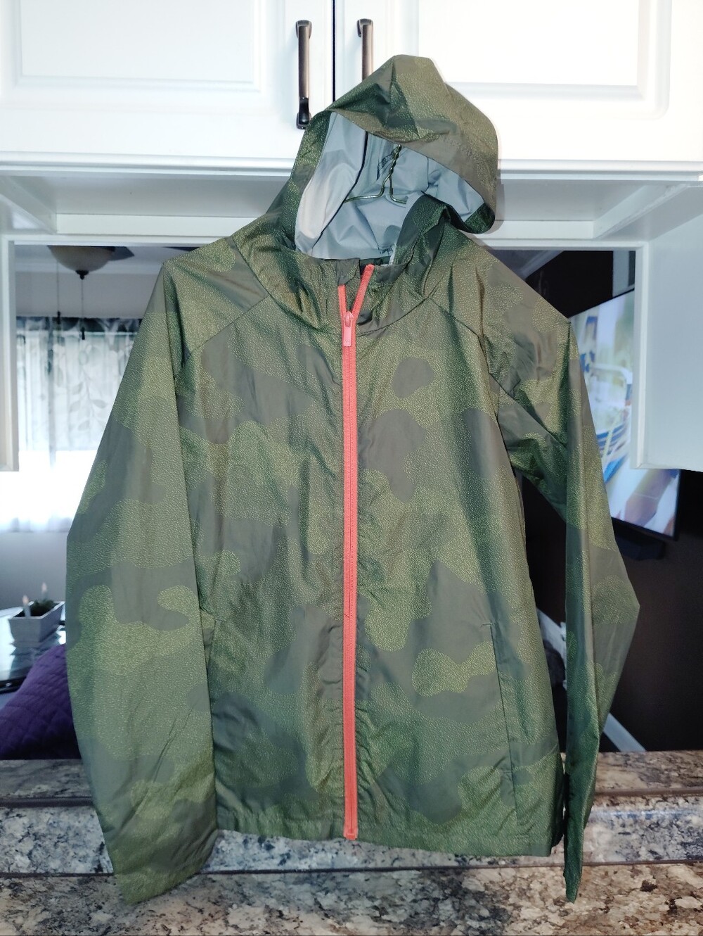 Leg all in motion Green Camo Boys Hooded Rain Jacket with Orange Zipper